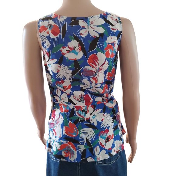 J.Crew Size 0 Blue Tropical Floral Linen Blend Peplum Tank Top Blouse V Neck - Picture 3 of 9